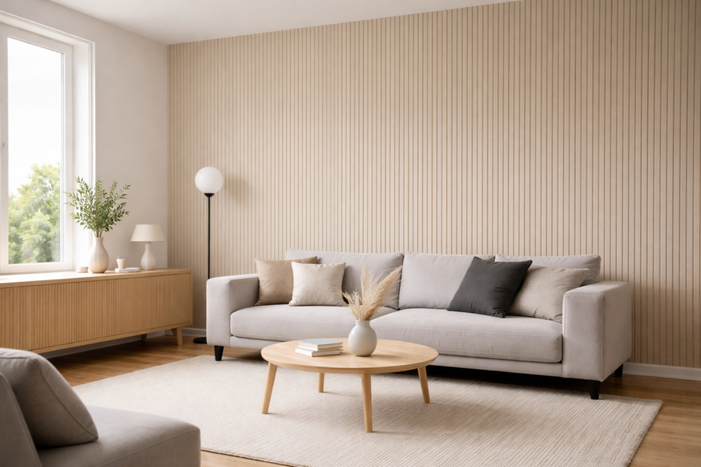 Grooved wall panels UK in modern living room with beige sofa and wooden furniture